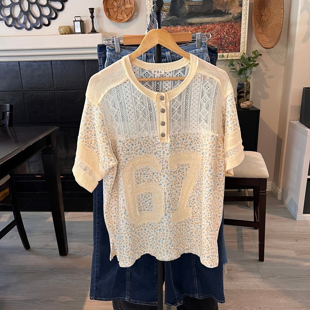 POL Top Womens Size Medium Yellow Number Floral Embroidered Button Lace Detail - Picture 16 of 16